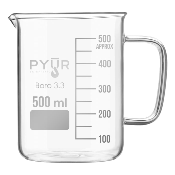 Pyur Scientific Low Form Glass Beaker w/ Graduations, Handle, and Spout 500ml