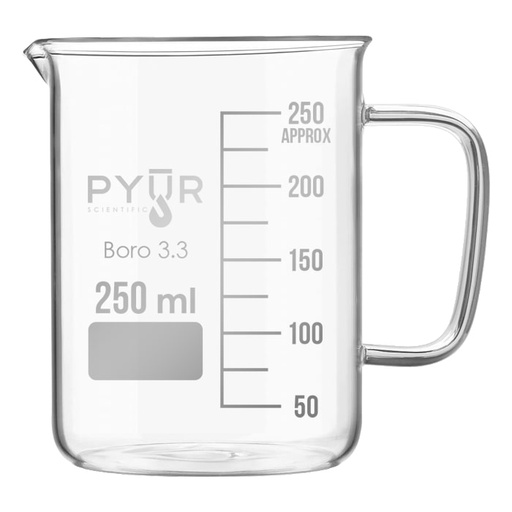 [610250H] Pyur Scientific Low Form Glass Beaker w/ Graduations, Handle, and Spout 250ml