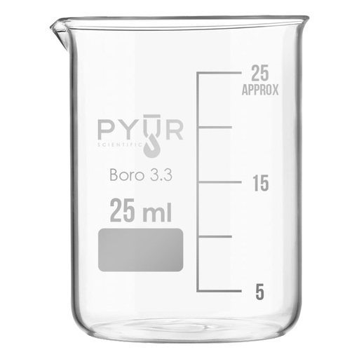 [610025] Pyur Scientific Low Form Glass Beaker w/ Graduations and Spout 25ml