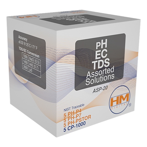 [HM-ASP-20] HM Digital 20 pack mix of 1000 ppm TDS, pH 4, pH7, pH storage solutions